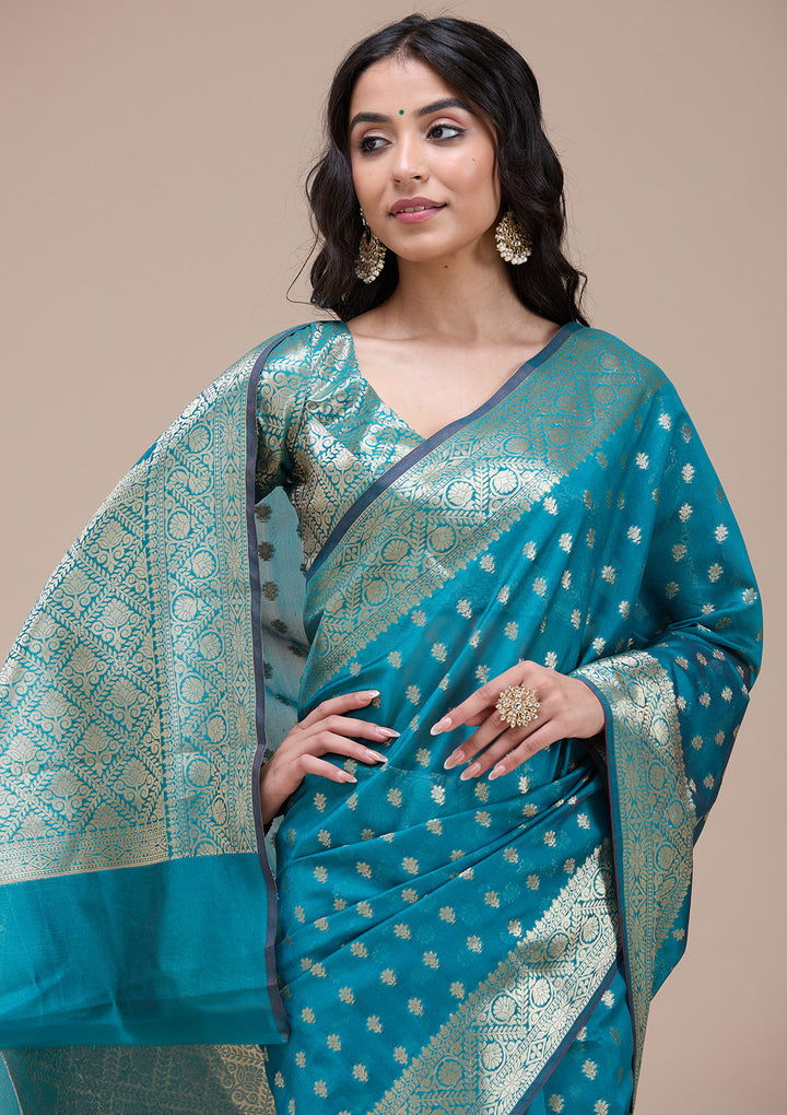 Rama Green Silk Jaal Gold Zariwork Saree With Matching Blouse Piece