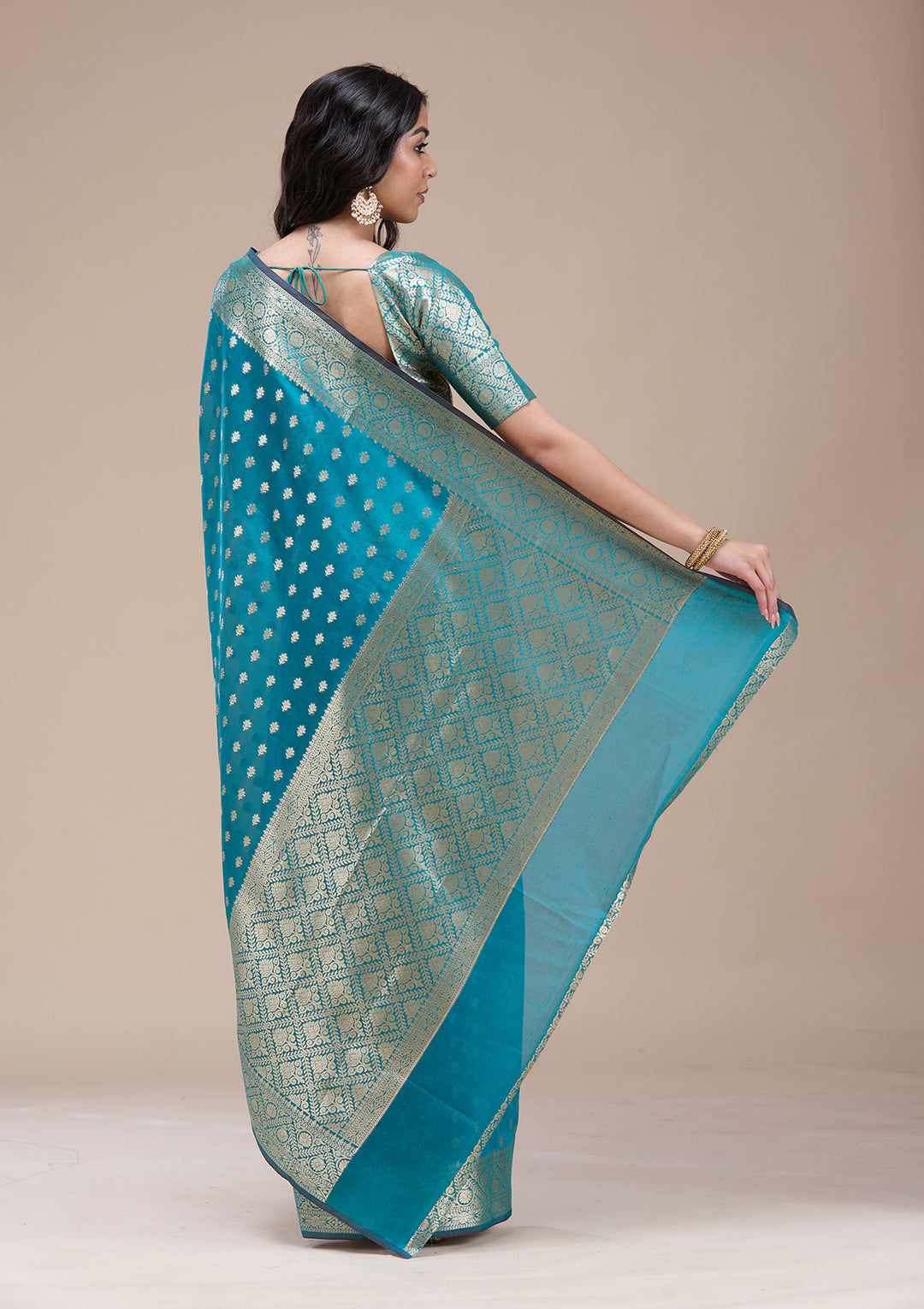 Rama Green Silk Jaal Gold Zariwork Saree With Matching Blouse Piece