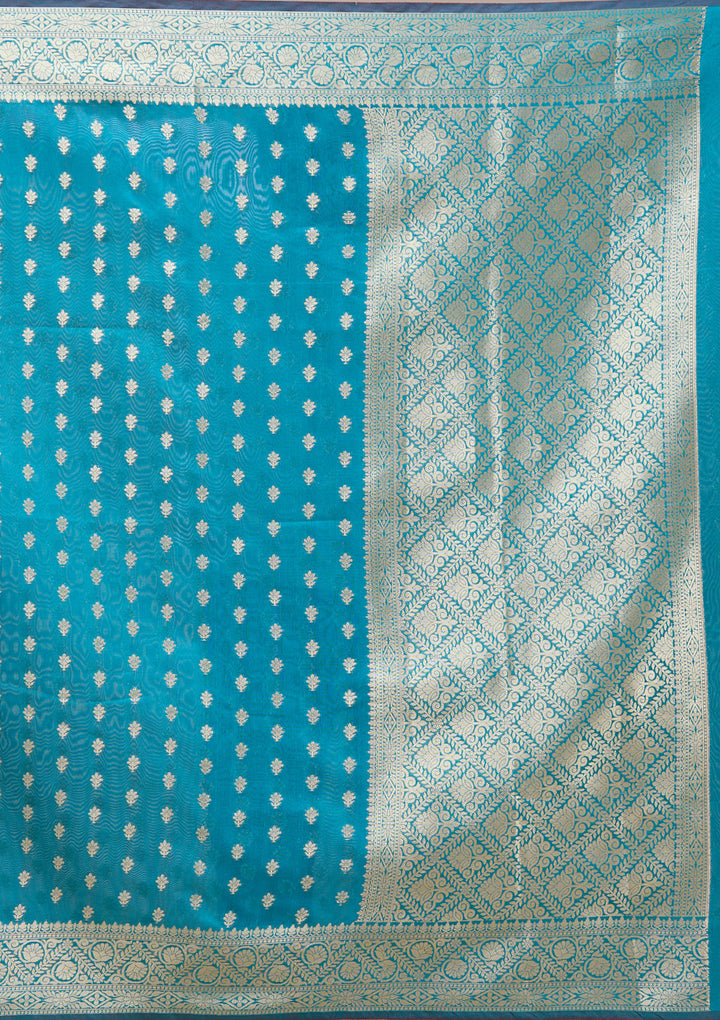 Rama Green Silk Jaal Gold Zariwork Saree With Matching Blouse Piece