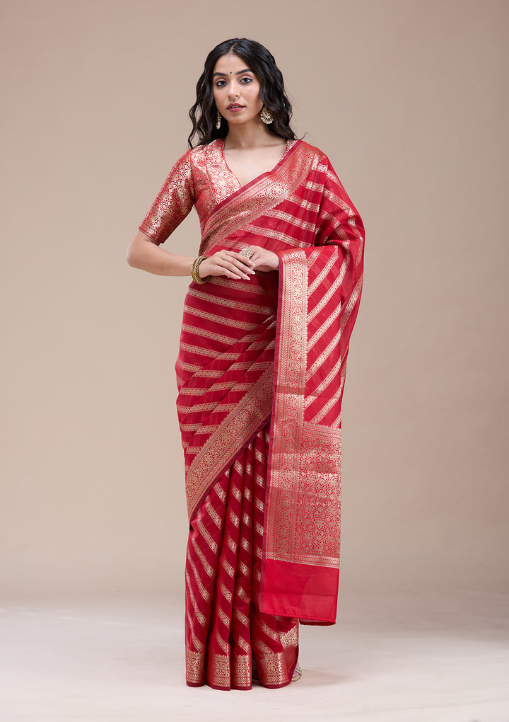 Red Silk Stripes Gold Zariwork Saree With Matching Blouse Piece