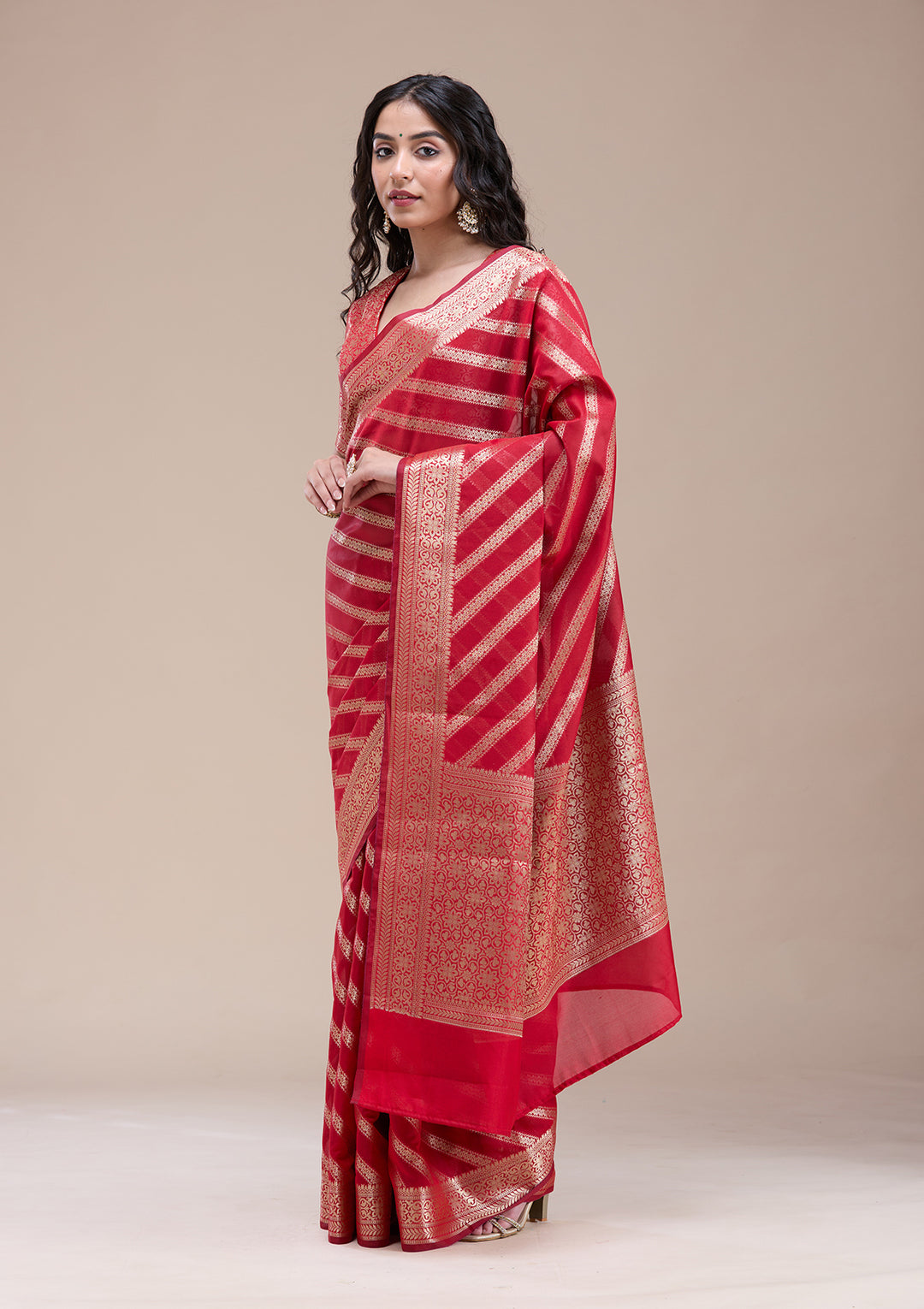 Red Silk Stripes Gold Zariwork Saree With Matching Blouse Piece