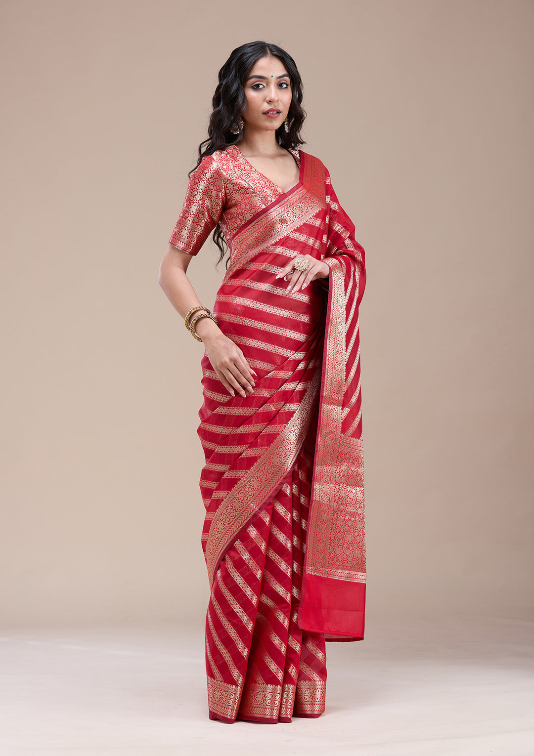 Red Silk Stripes Gold Zariwork Saree With Matching Blouse Piece