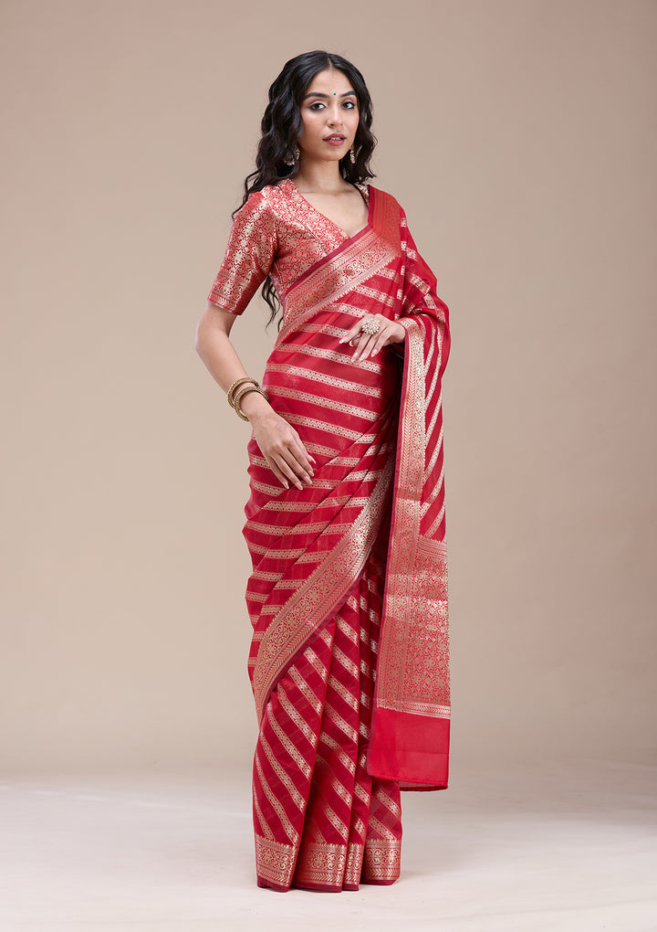 Red Silk Stripes Gold Zariwork Saree With Matching Blouse Piece