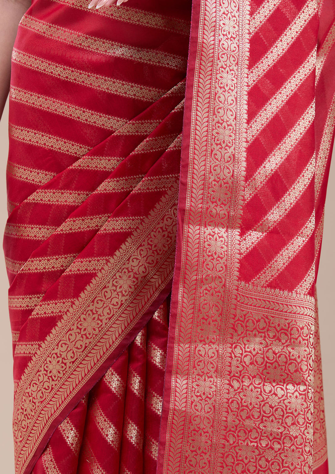 Red Silk Stripes Gold Zariwork Saree With Matching Blouse Piece