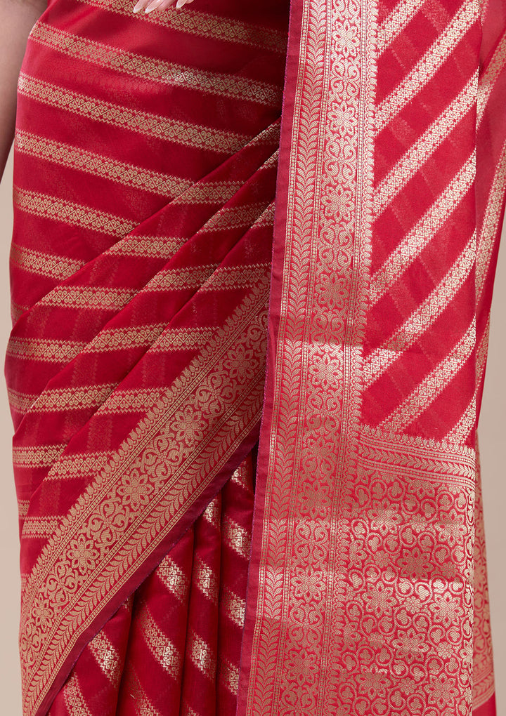 Red Silk Stripes Gold Zariwork Saree With Matching Blouse Piece