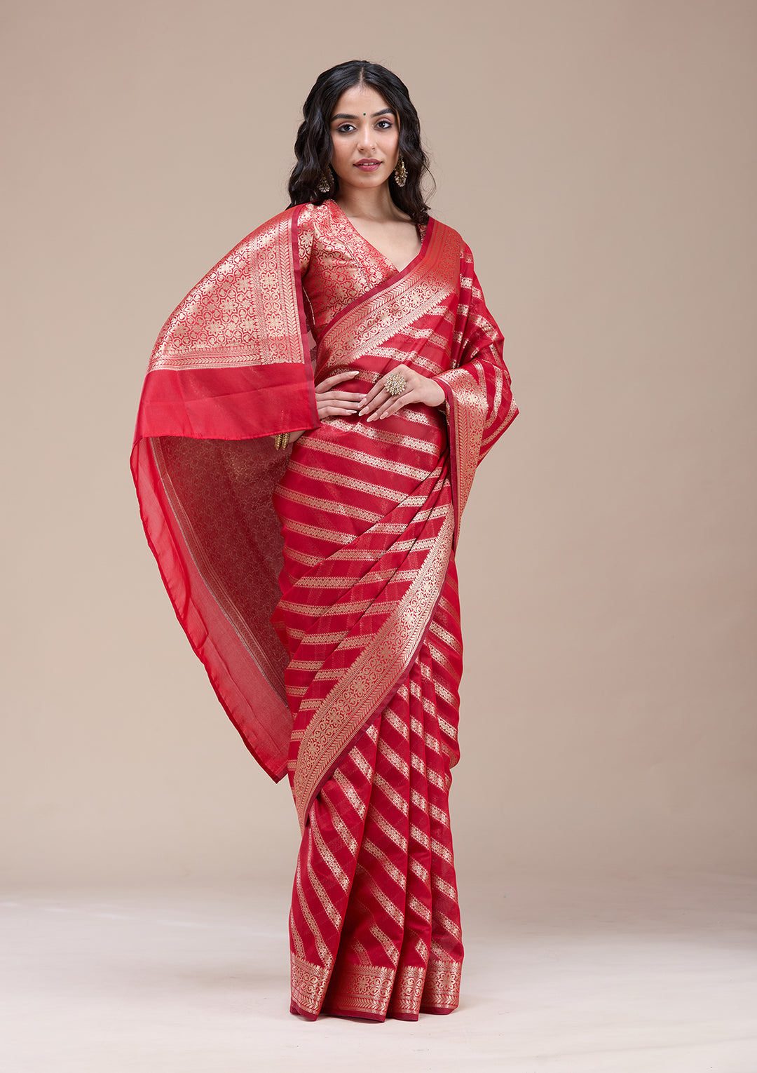 Red Silk Stripes Gold Zariwork Saree With Matching Blouse Piece