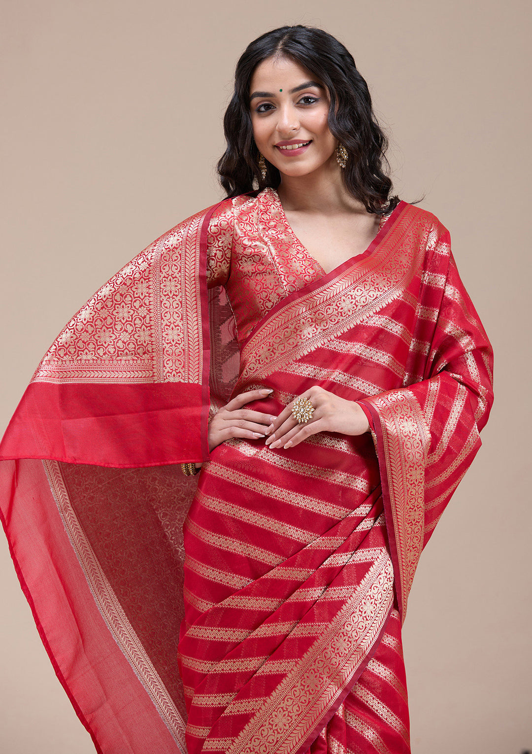 Red Silk Stripes Gold Zariwork Saree With Matching Blouse Piece
