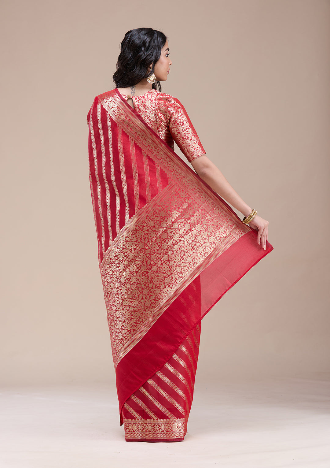 Red Silk Stripes Gold Zariwork Saree With Matching Blouse Piece