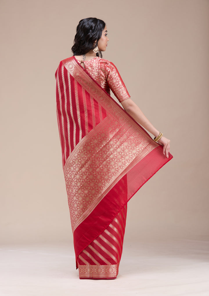 Red Silk Stripes Gold Zariwork Saree With Matching Blouse Piece