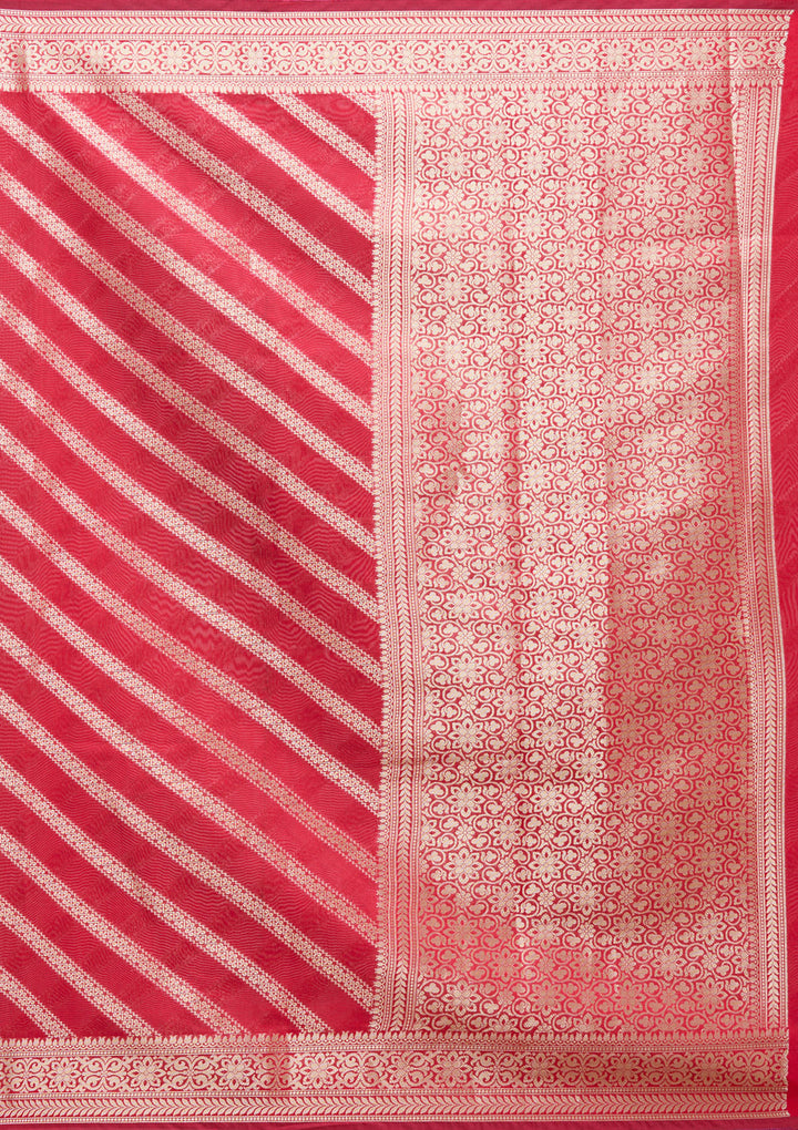 Red Silk Stripes Gold Zariwork Saree With Matching Blouse Piece