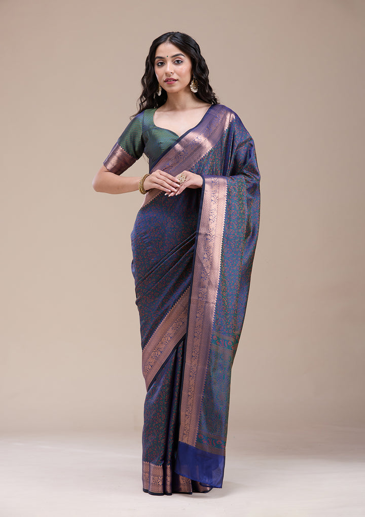Peacock Blue Silk Jaal Gold Zariwork Saree With Matching Blouse Piece