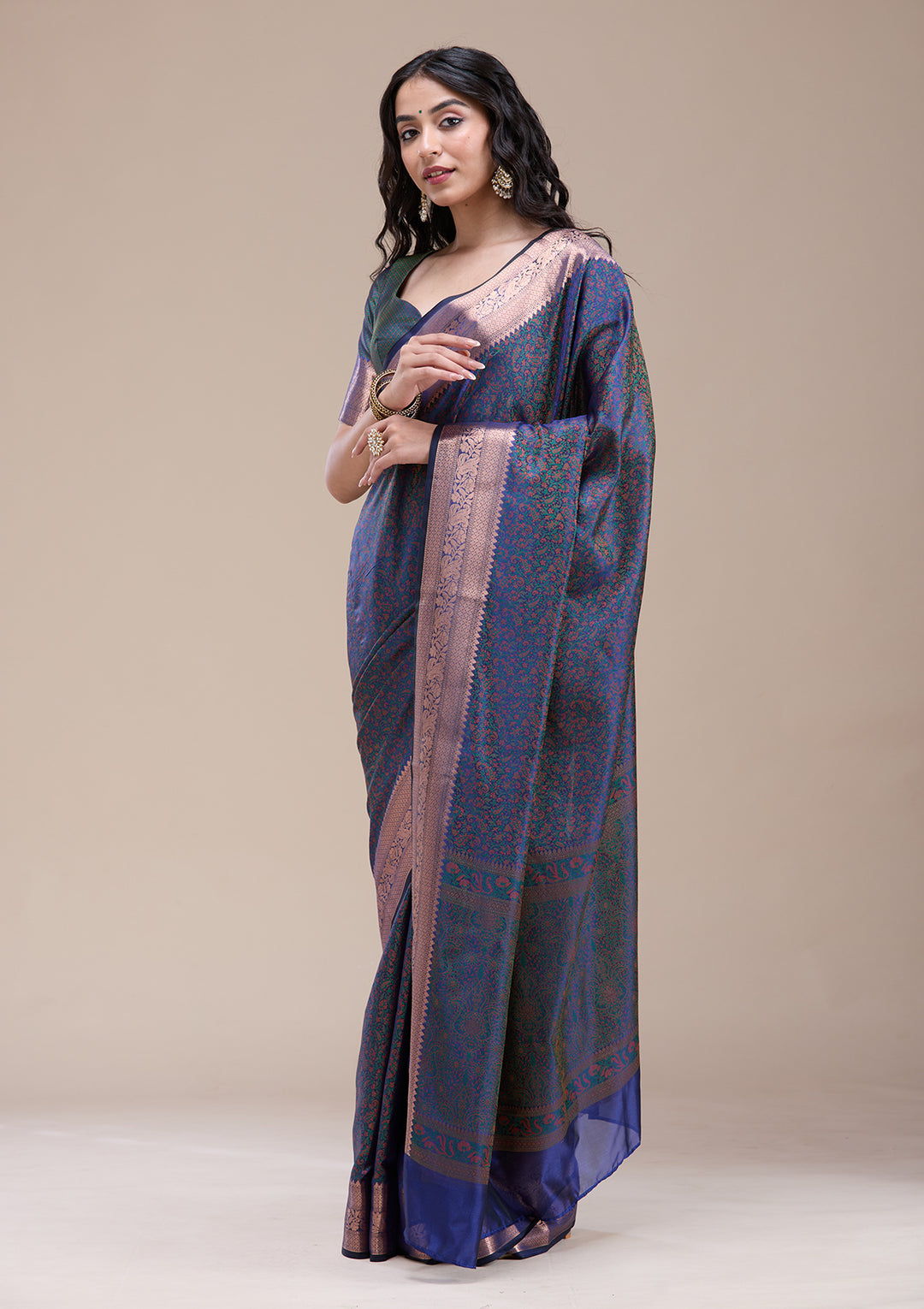 Peacock Blue Silk Jaal Gold Zariwork Saree With Matching Blouse Piece