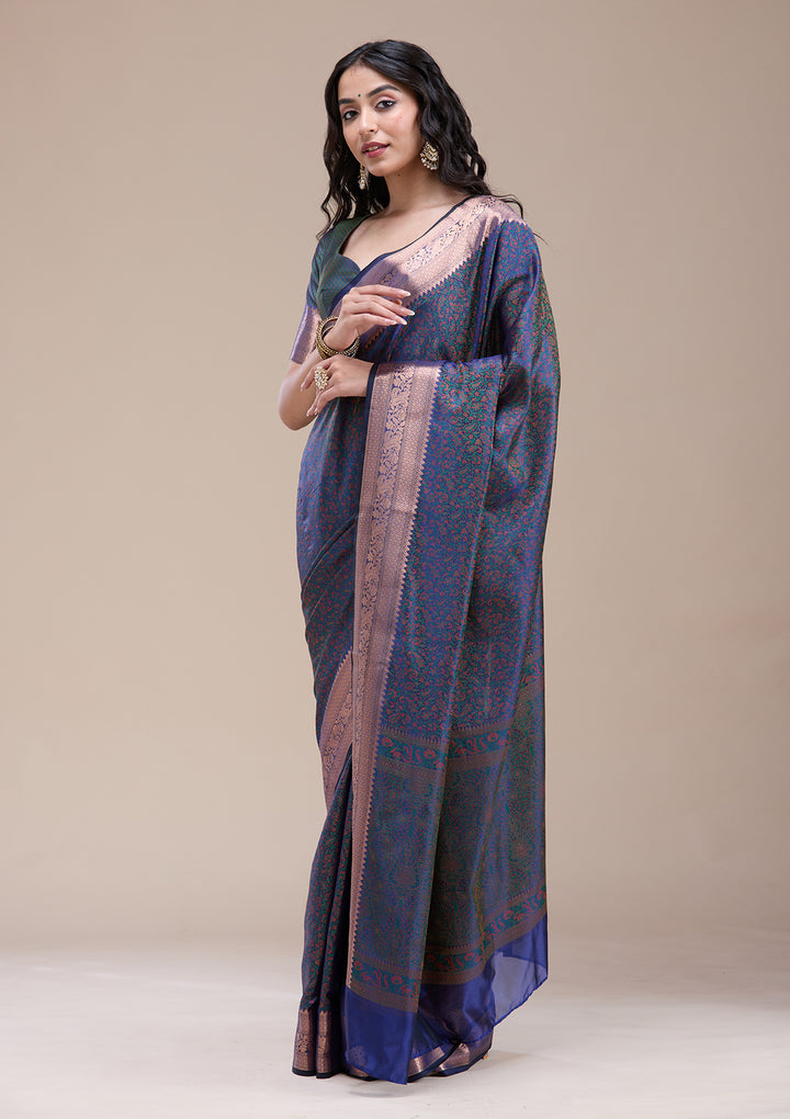 Peacock Blue Silk Jaal Gold Zariwork Saree With Matching Blouse Piece