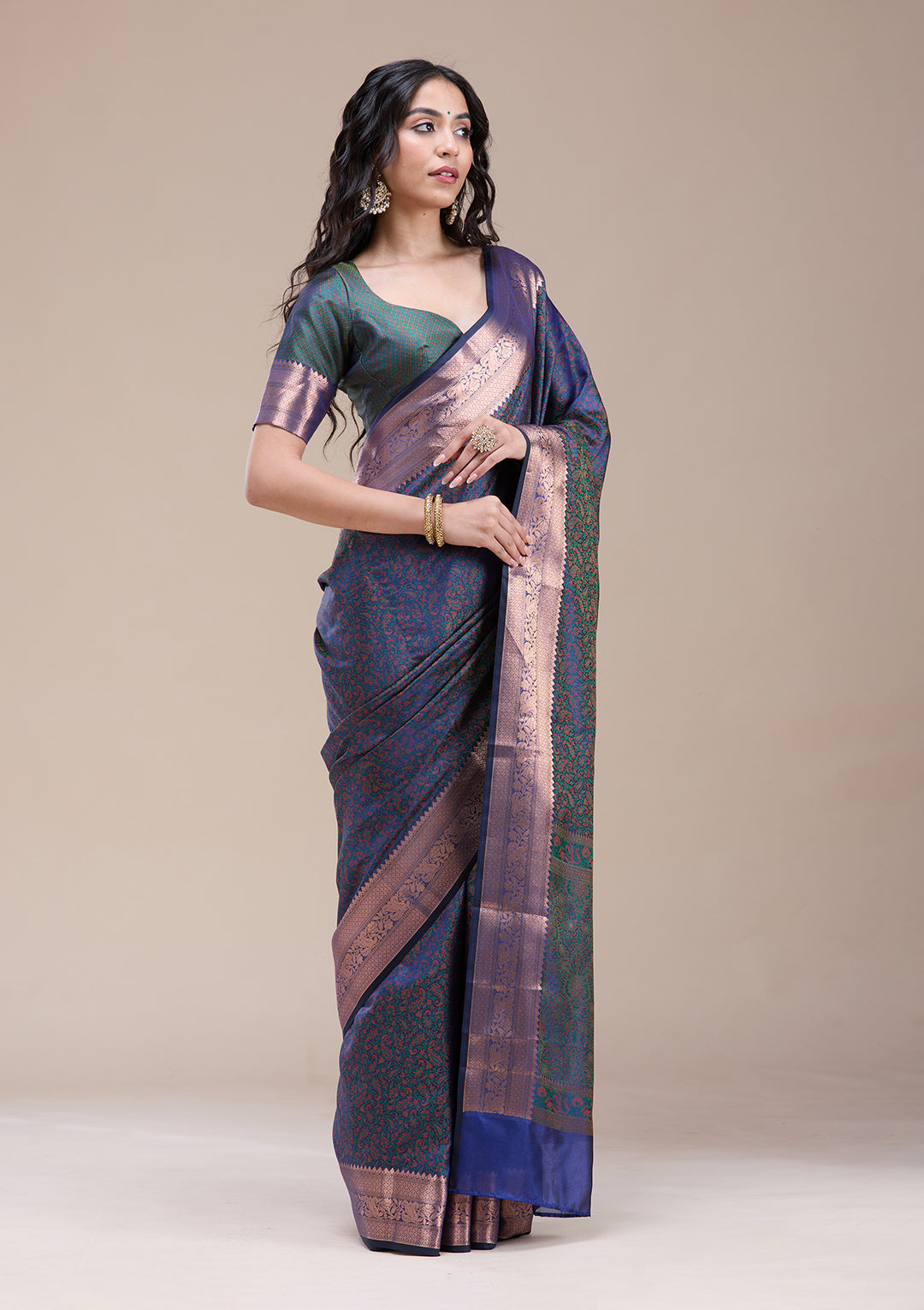 Peacock Blue Silk Jaal Gold Zariwork Saree With Matching Blouse Piece