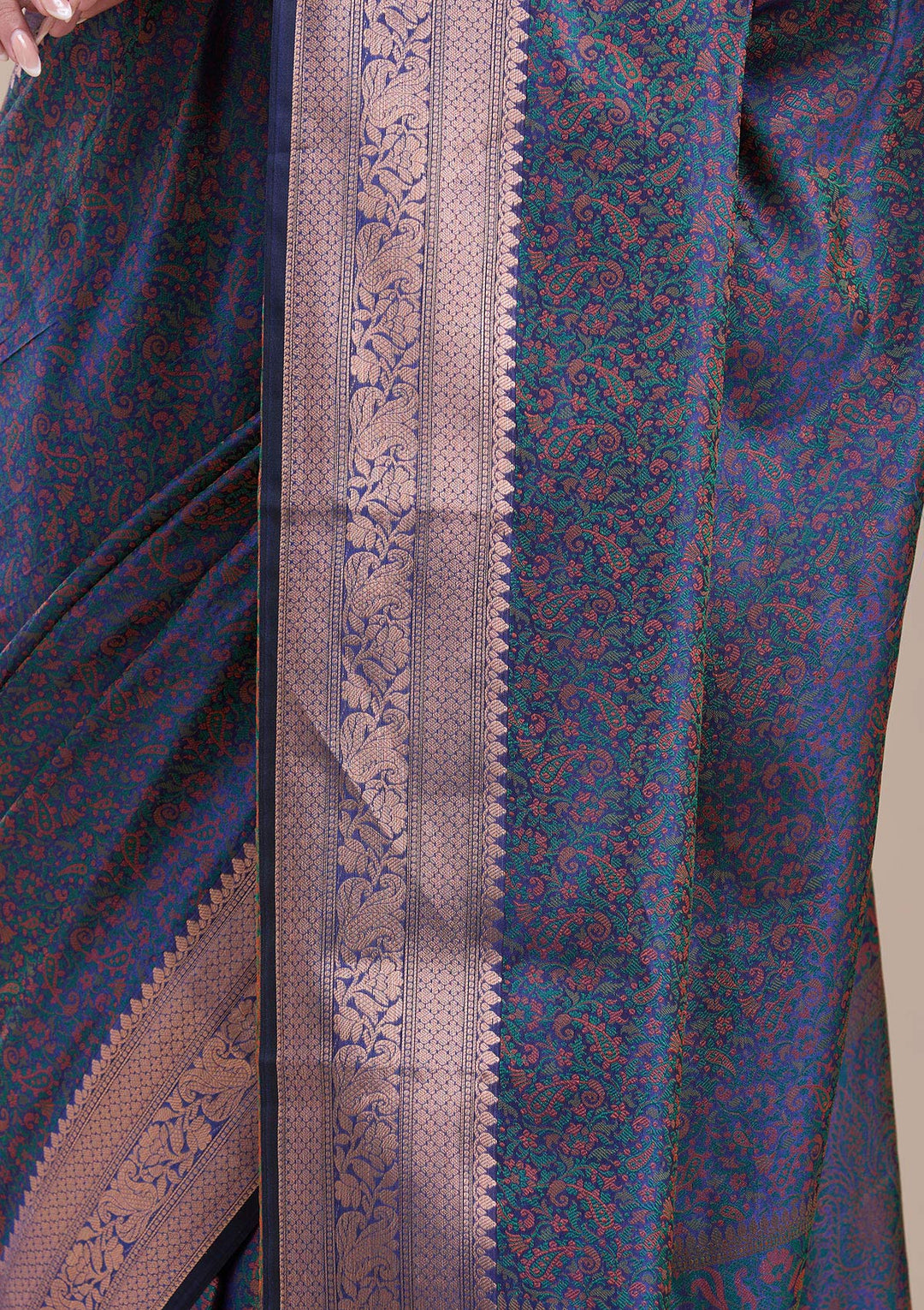 Peacock Blue Silk Jaal Gold Zariwork Saree With Matching Blouse Piece