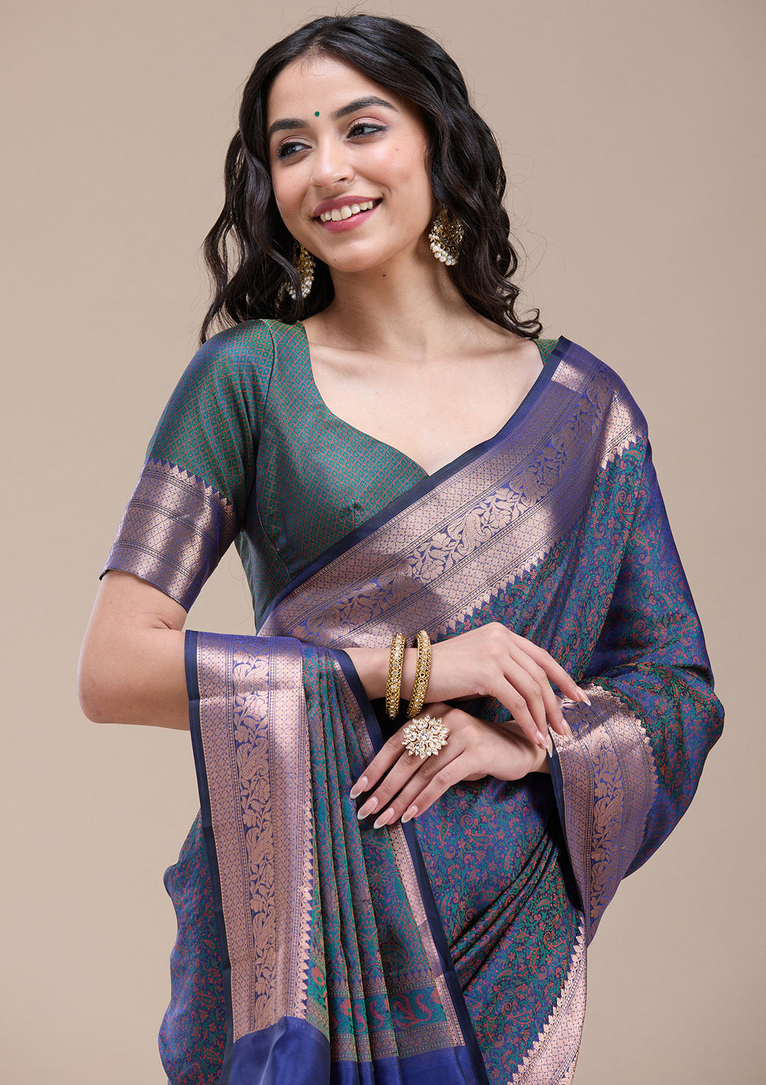 Peacock Blue Silk Jaal Gold Zariwork Saree With Matching Blouse Piece