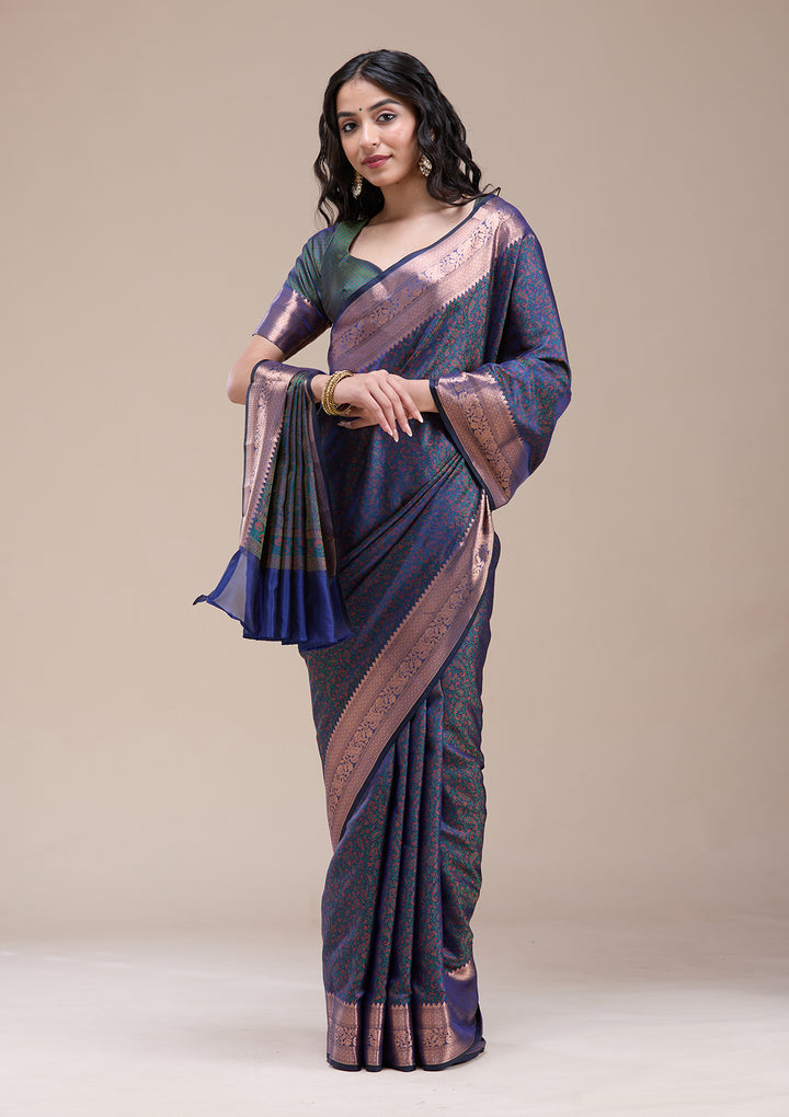 Peacock Blue Silk Jaal Gold Zariwork Saree With Matching Blouse Piece