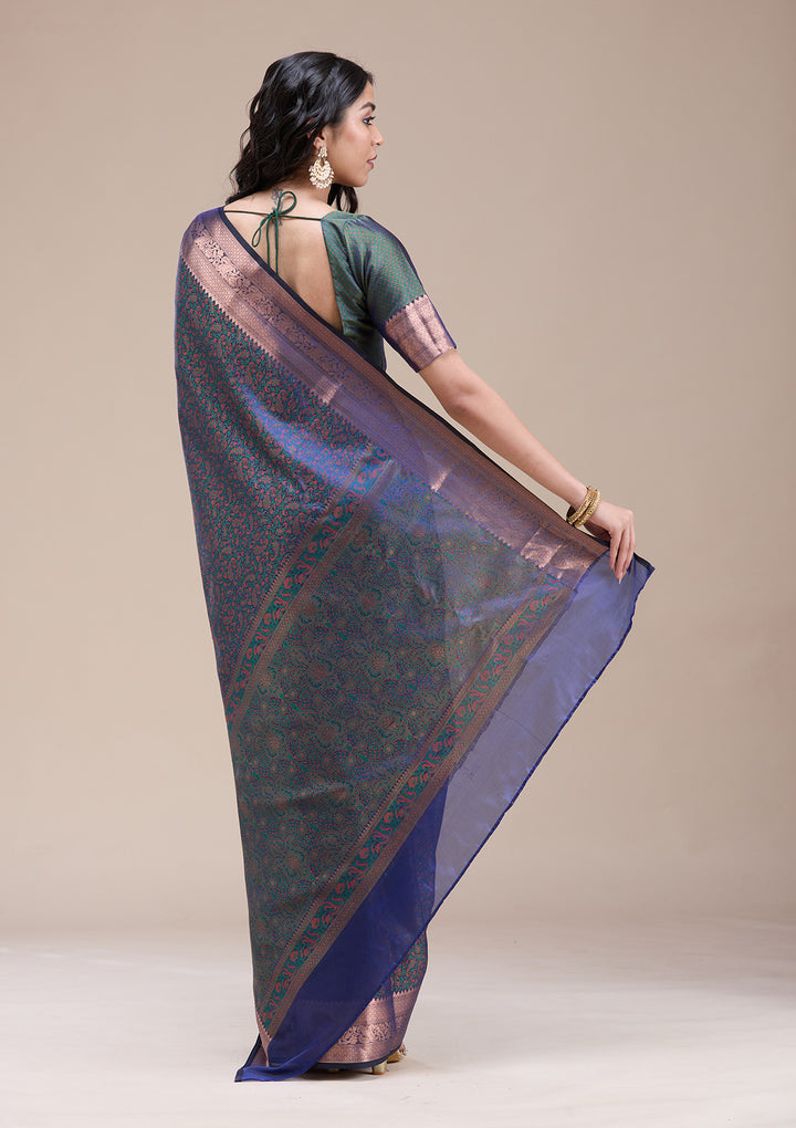 Peacock Blue Silk Jaal Gold Zariwork Saree With Matching Blouse Piece