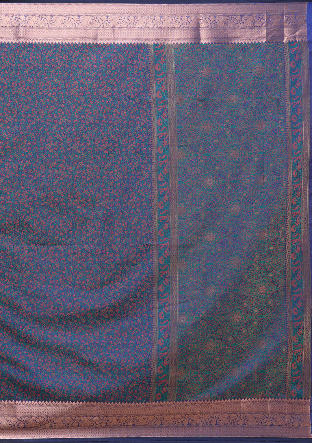 Peacock Blue Silk Jaal Gold Zariwork Saree With Matching Blouse Piece