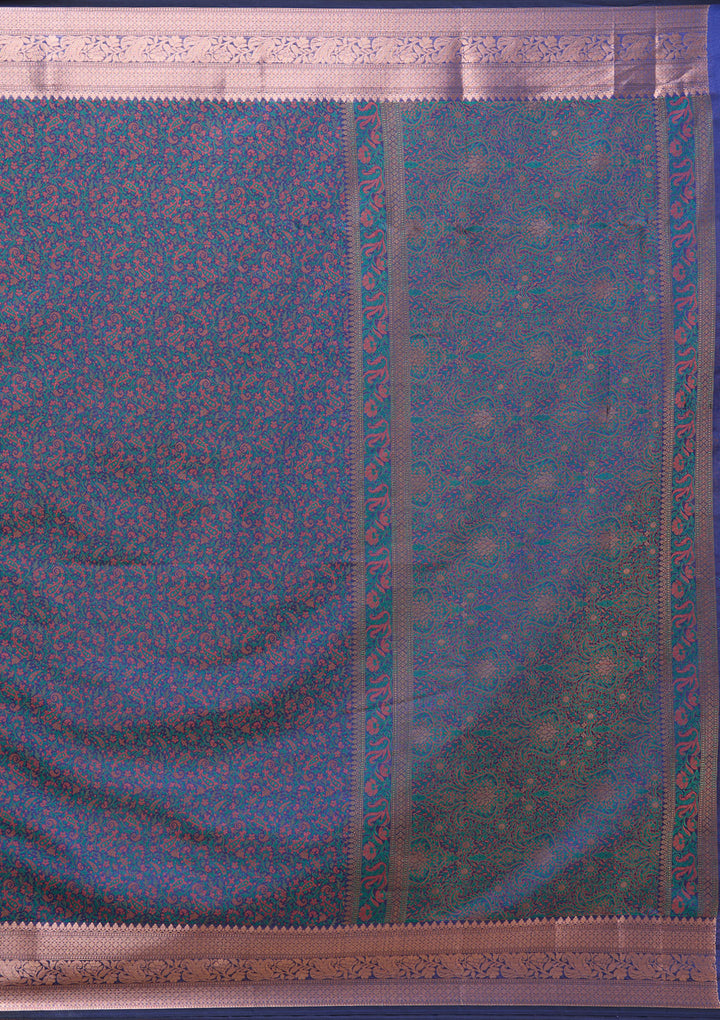 Peacock Blue Silk Jaal Gold Zariwork Saree With Matching Blouse Piece