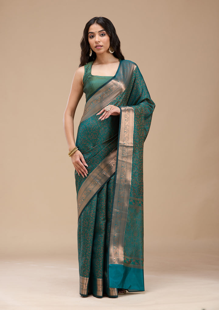 Rama Green Silk Jaal Gold Zariwork Saree With Matching Blouse Piece