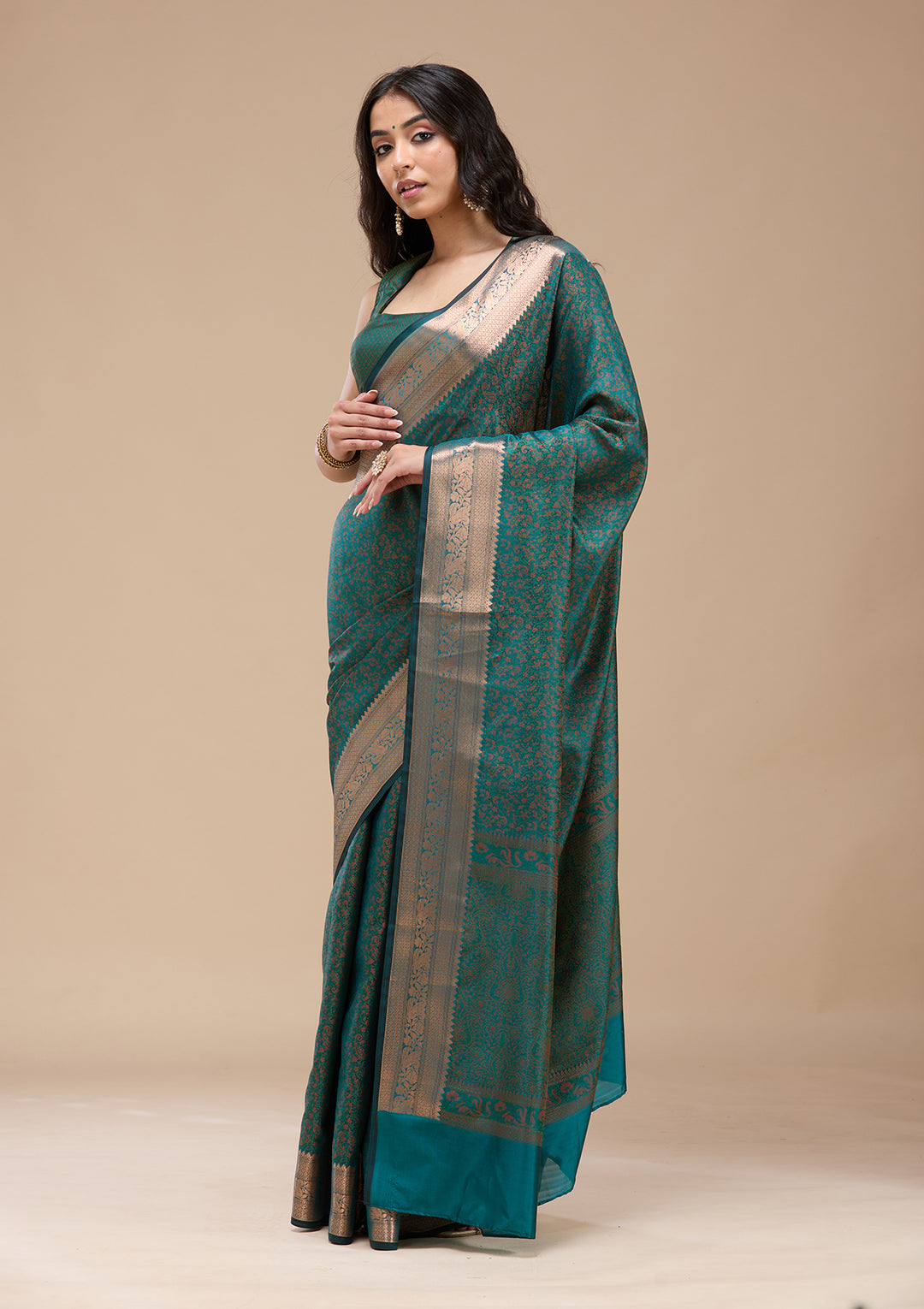 Rama Green Silk Jaal Gold Zariwork Saree With Matching Blouse Piece