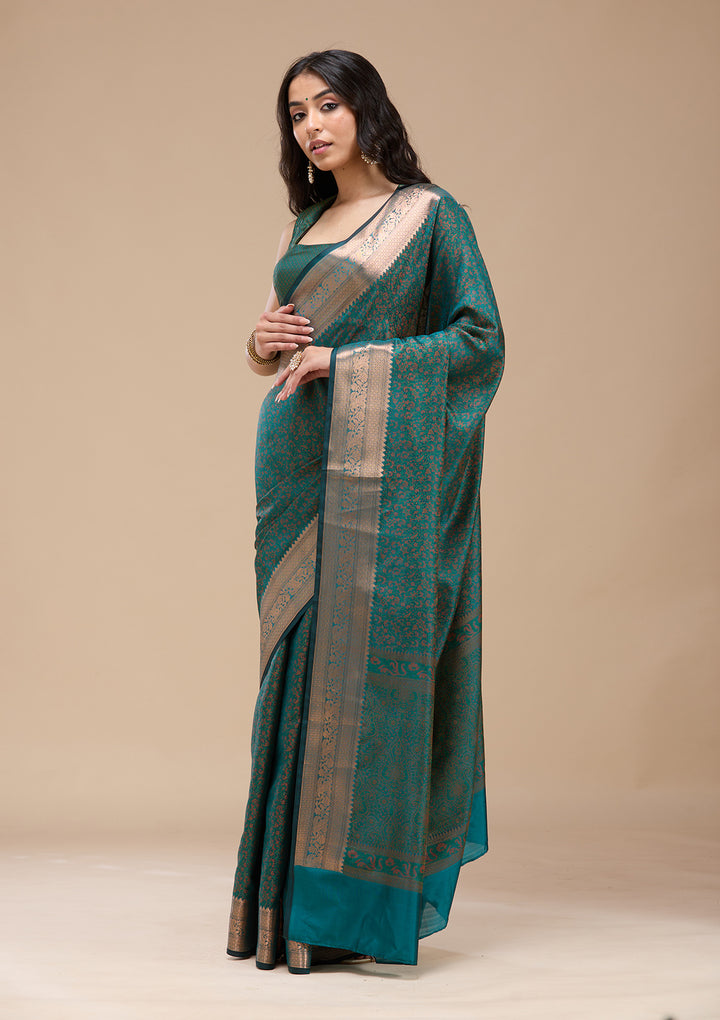 Rama Green Silk Jaal Gold Zariwork Saree With Matching Blouse Piece