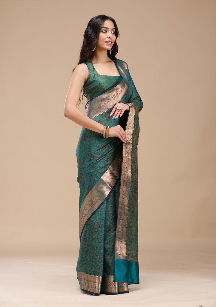 Rama Green Silk Jaal Gold Zariwork Saree With Matching Blouse Piece