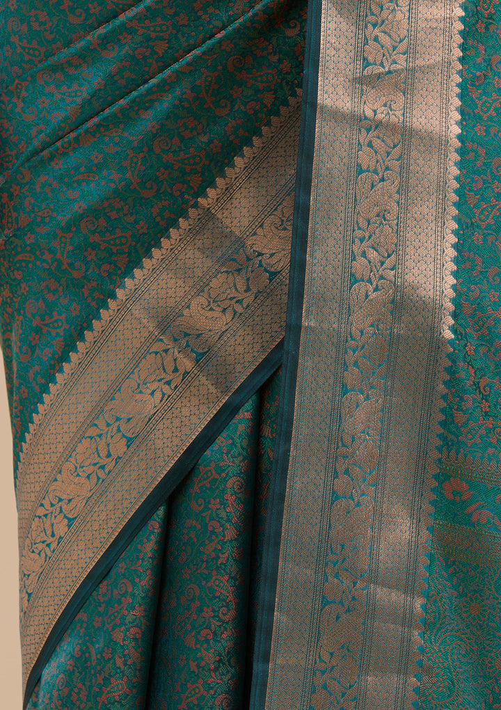 Rama Green Silk Jaal Gold Zariwork Saree With Matching Blouse Piece