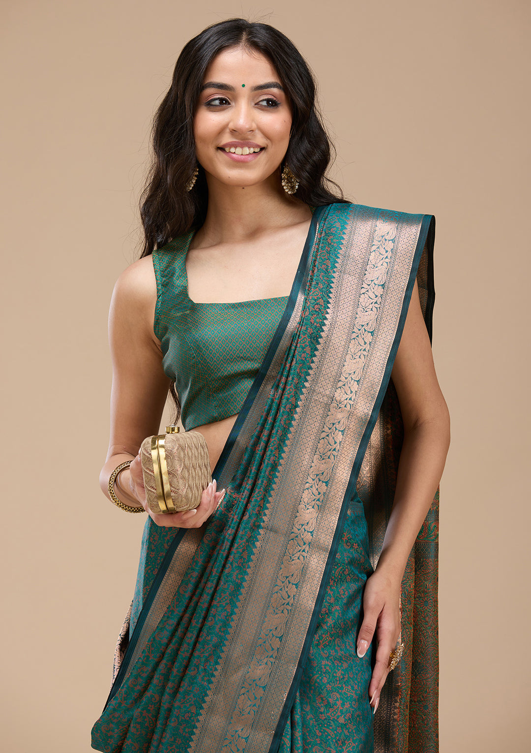 Rama Green Silk Jaal Gold Zariwork Saree With Matching Blouse Piece