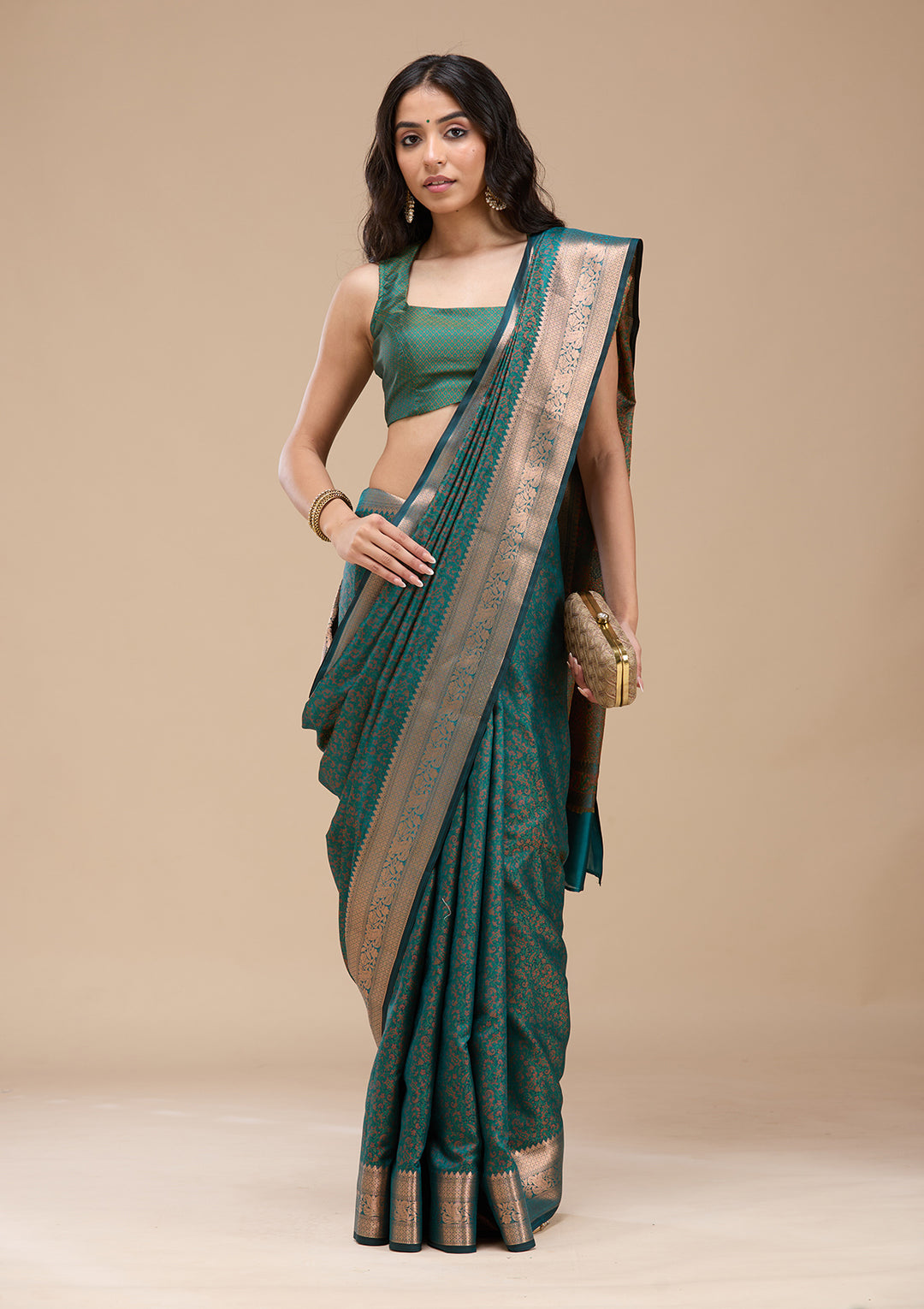 Rama Green Silk Jaal Gold Zariwork Saree With Matching Blouse Piece