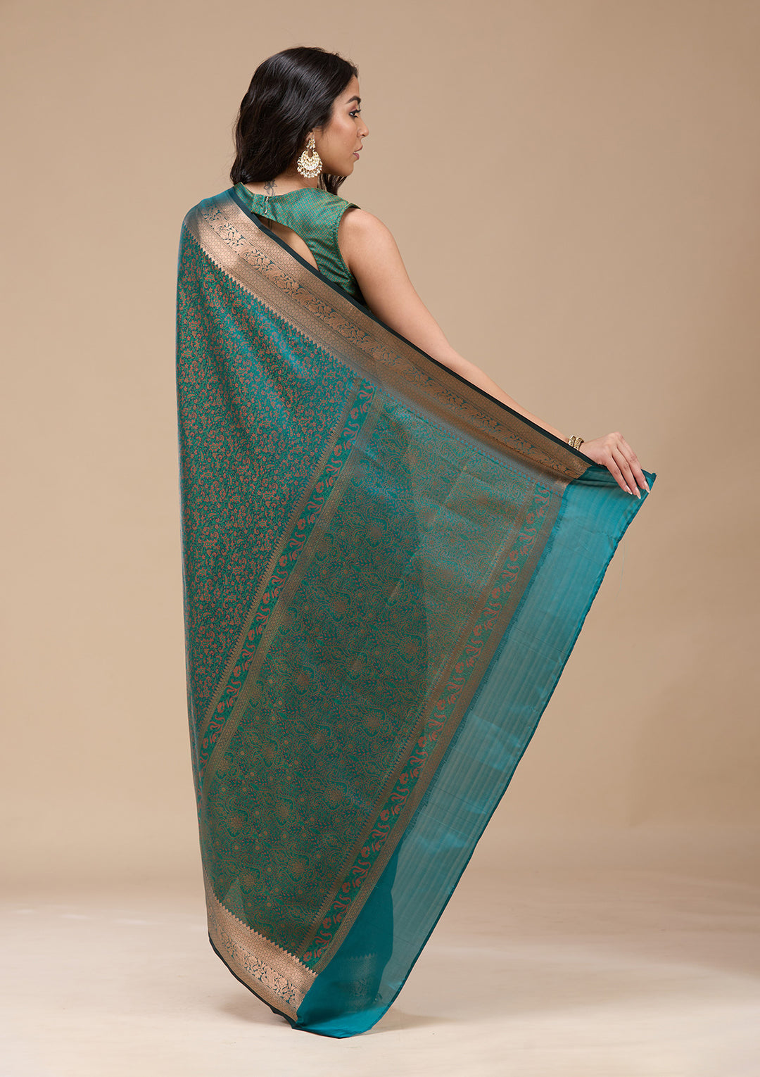 Rama Green Silk Jaal Gold Zariwork Saree With Matching Blouse Piece