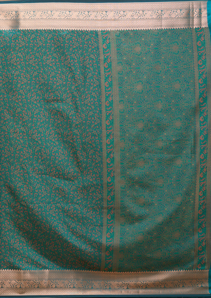 Rama Green Silk Jaal Gold Zariwork Saree With Matching Blouse Piece