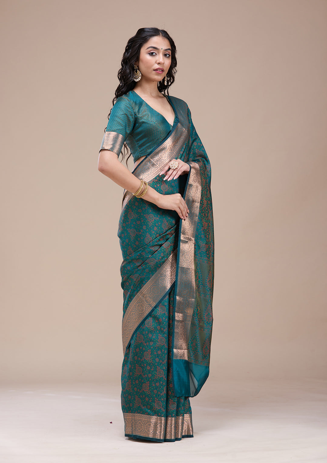 Bottle Green Silk Jaal Gold Zariwork Saree With Matching Blouse Piece