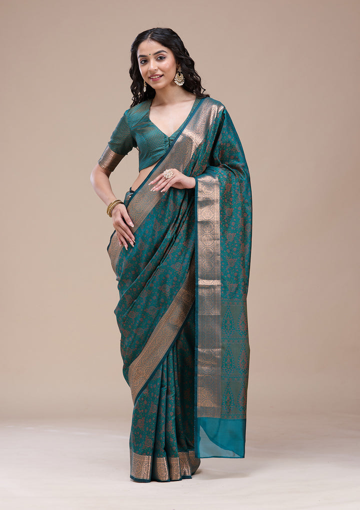 Bottle Green Silk Jaal Gold Zariwork Saree With Matching Blouse Piece