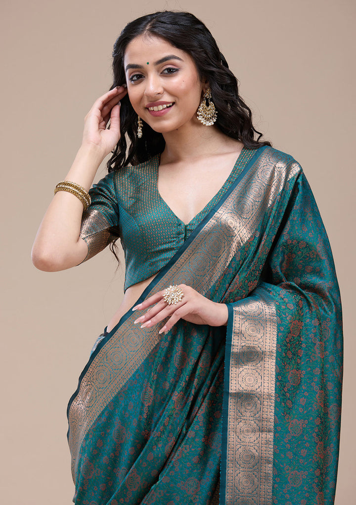 Bottle Green Silk Jaal Gold Zariwork Saree With Matching Blouse Piece