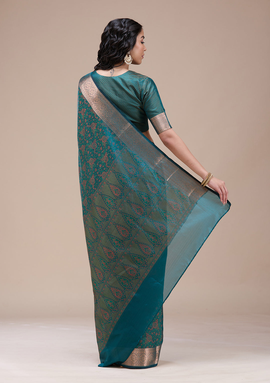 Bottle Green Silk Jaal Gold Zariwork Saree With Matching Blouse Piece