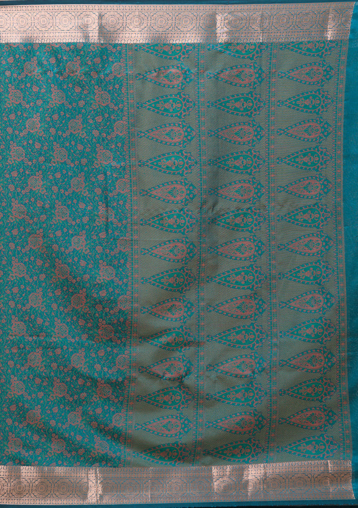 Bottle Green Silk Jaal Gold Zariwork Saree With Matching Blouse Piece