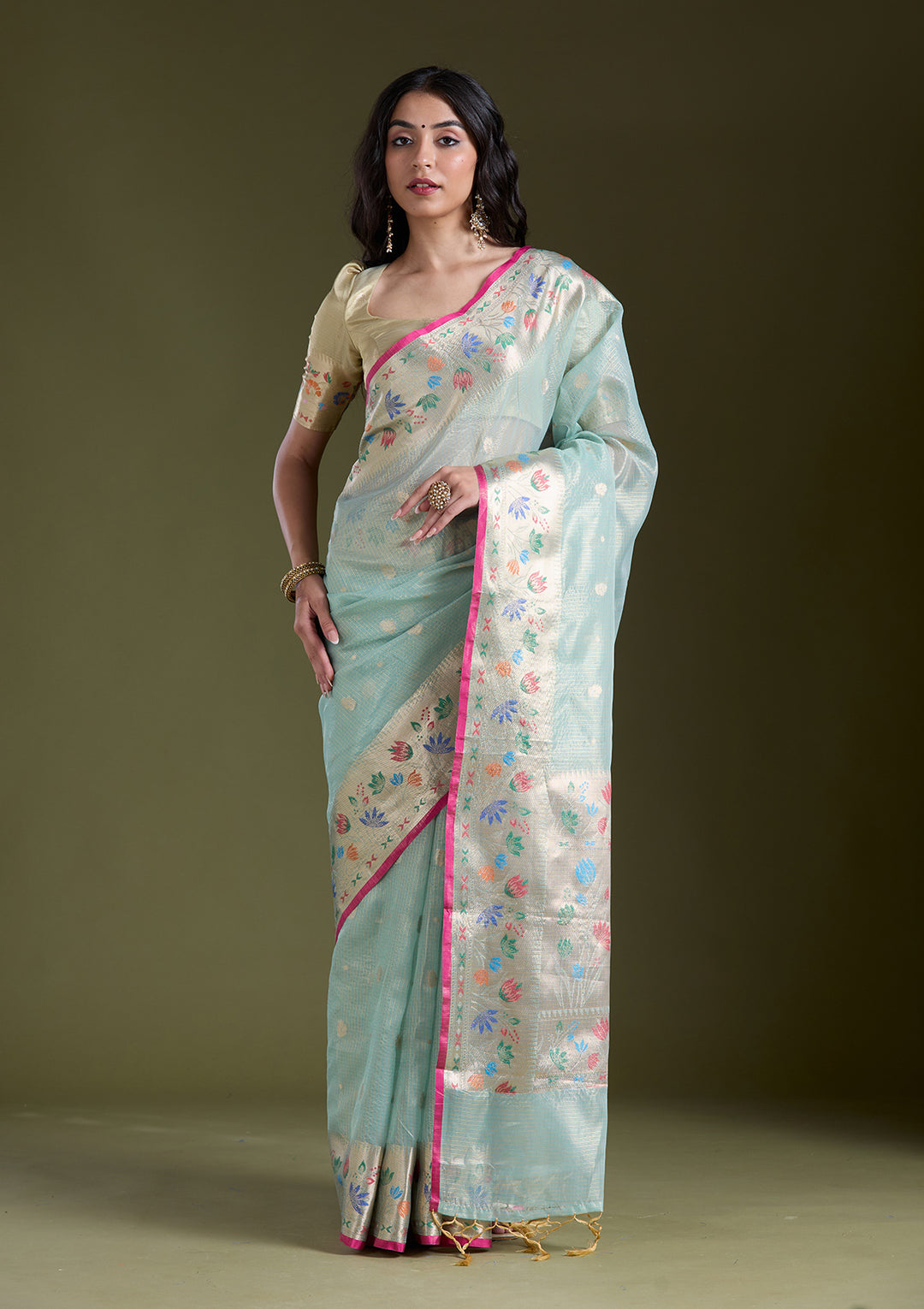 Sea Green Tissue Buti Gold Zariwork Saree With Matching Blouse Piece