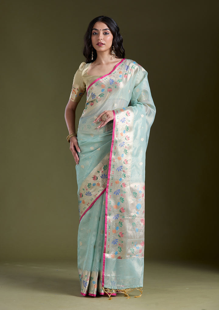 Sea Green Tissue Buti Gold Zariwork Saree With Matching Blouse Piece