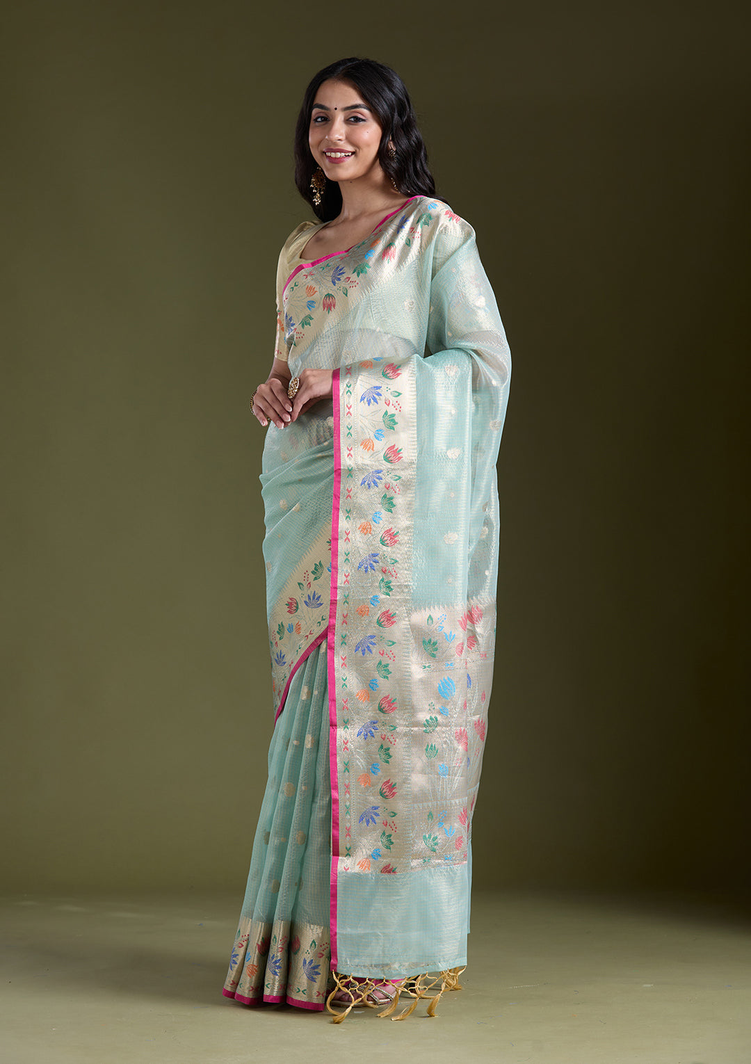Sea Green Tissue Buti Gold Zariwork Saree With Matching Blouse Piece