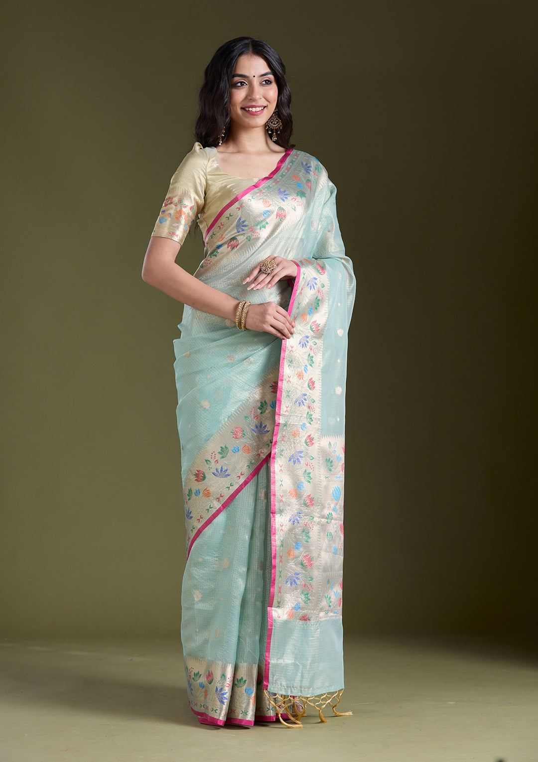Sea Green Tissue Buti Gold Zariwork Saree With Matching Blouse Piece