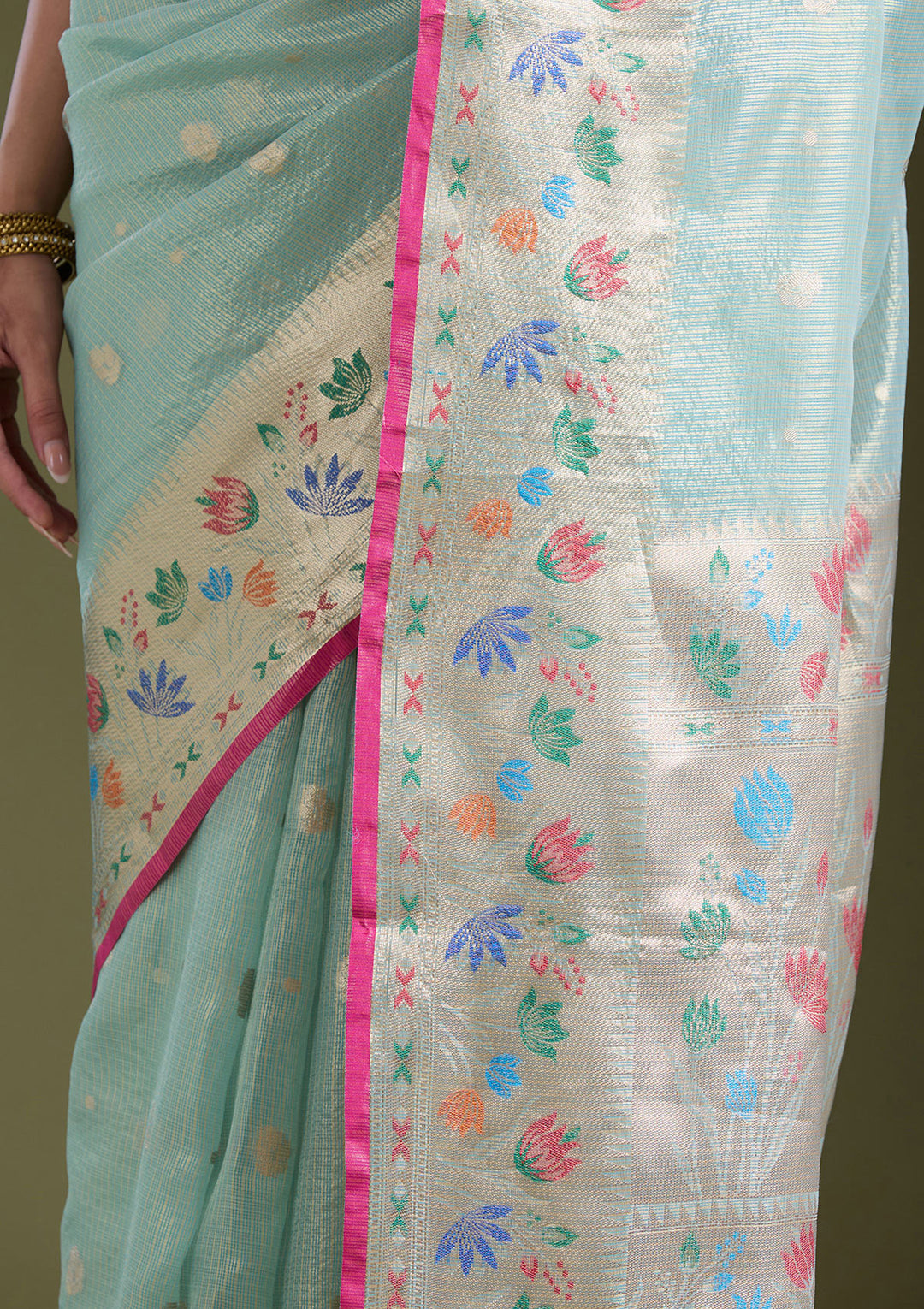 Sea Green Tissue Buti Gold Zariwork Saree With Matching Blouse Piece