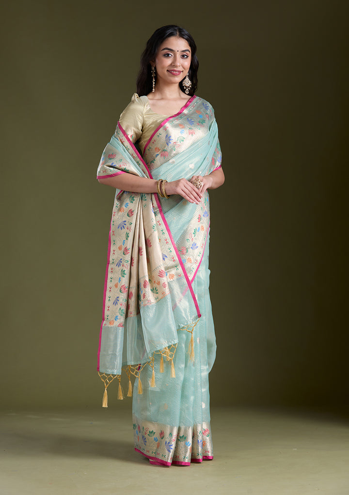Sea Green Tissue Buti Gold Zariwork Saree With Matching Blouse Piece
