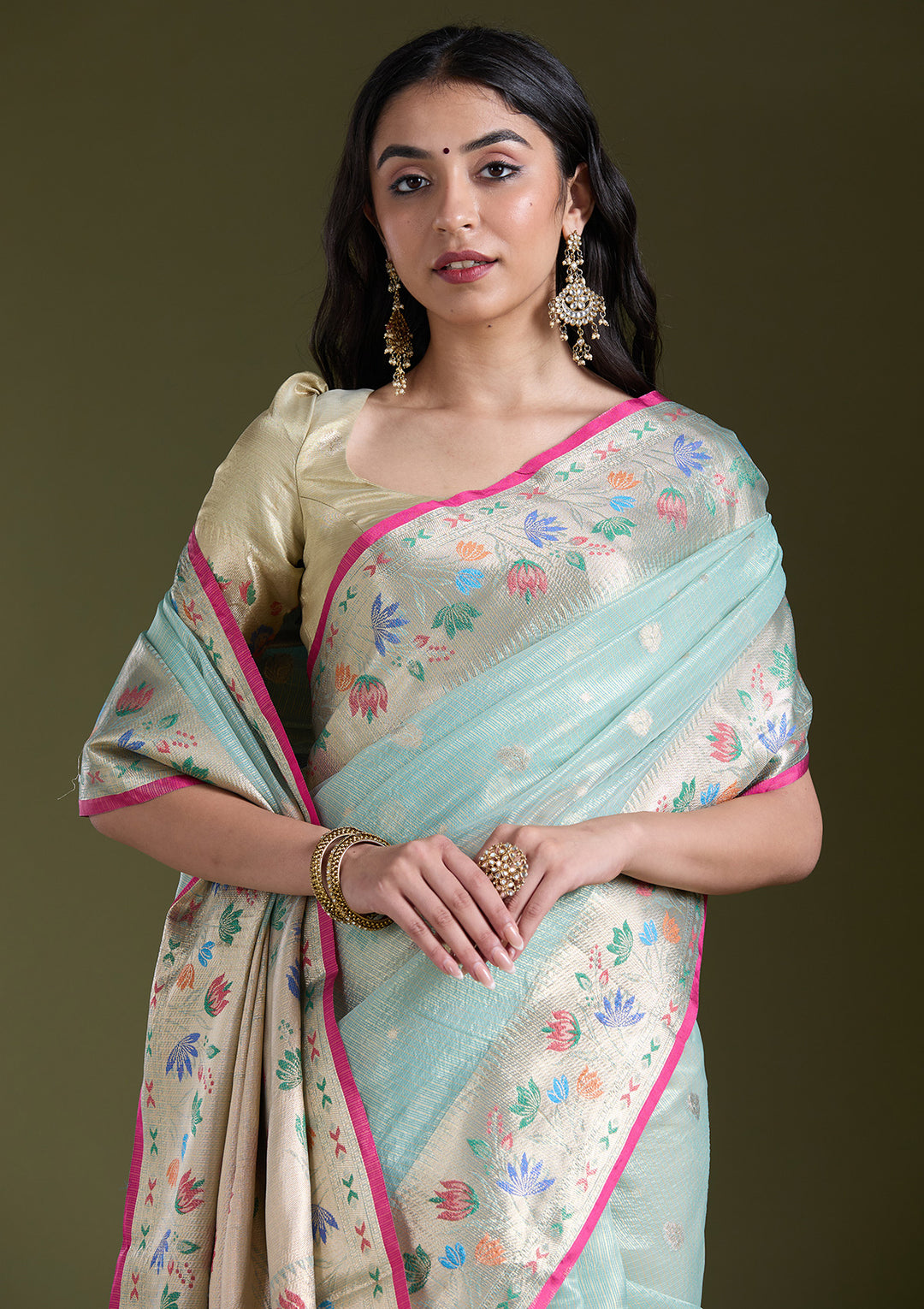 Sea Green Tissue Buti Gold Zariwork Saree With Matching Blouse Piece