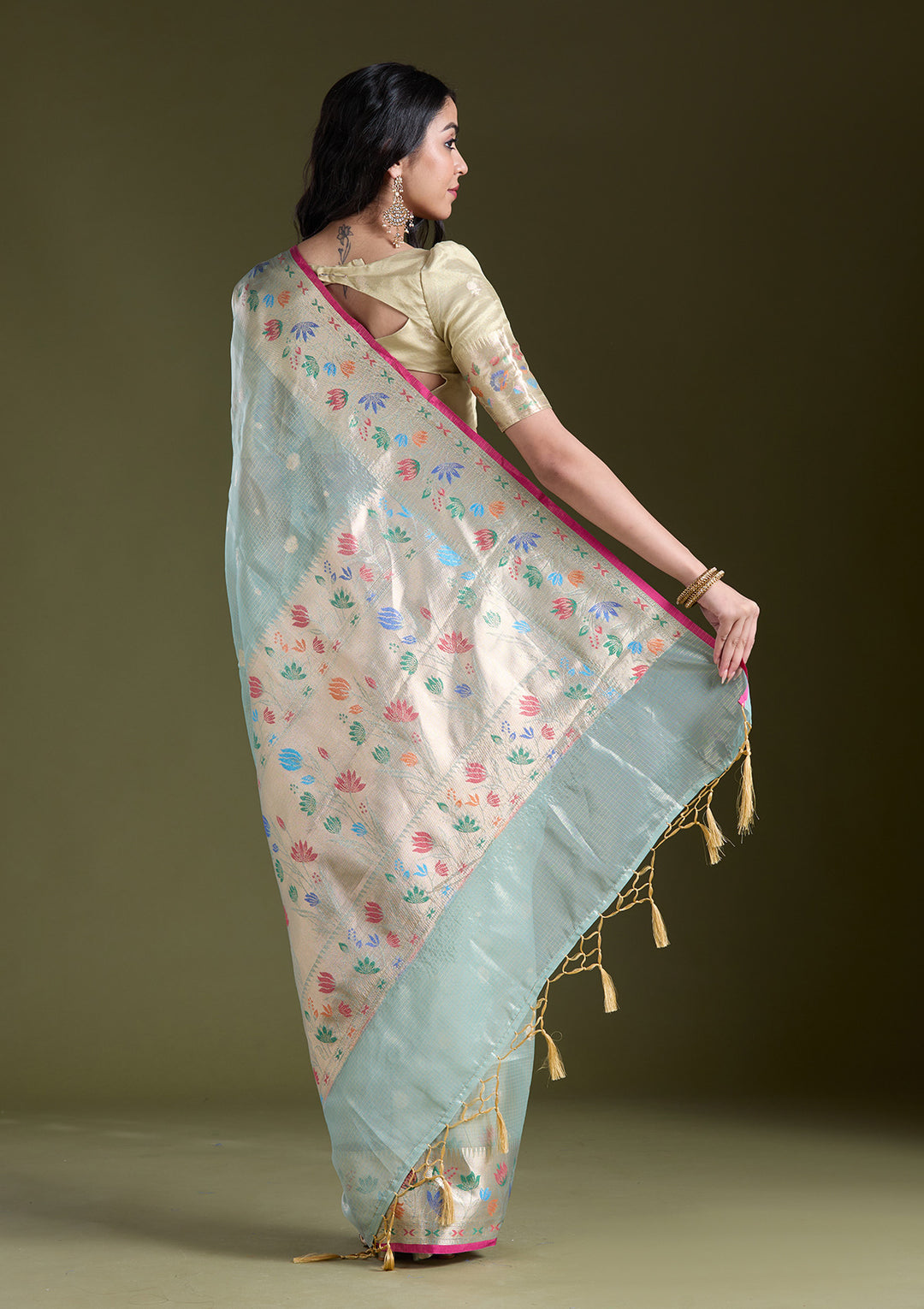 Sea Green Tissue Buti Gold Zariwork Saree With Matching Blouse Piece