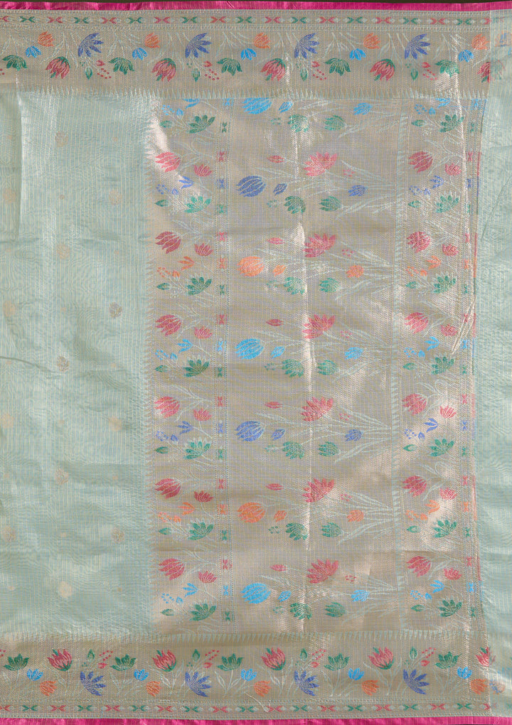 Sea Green Tissue Buti Gold Zariwork Saree With Matching Blouse Piece