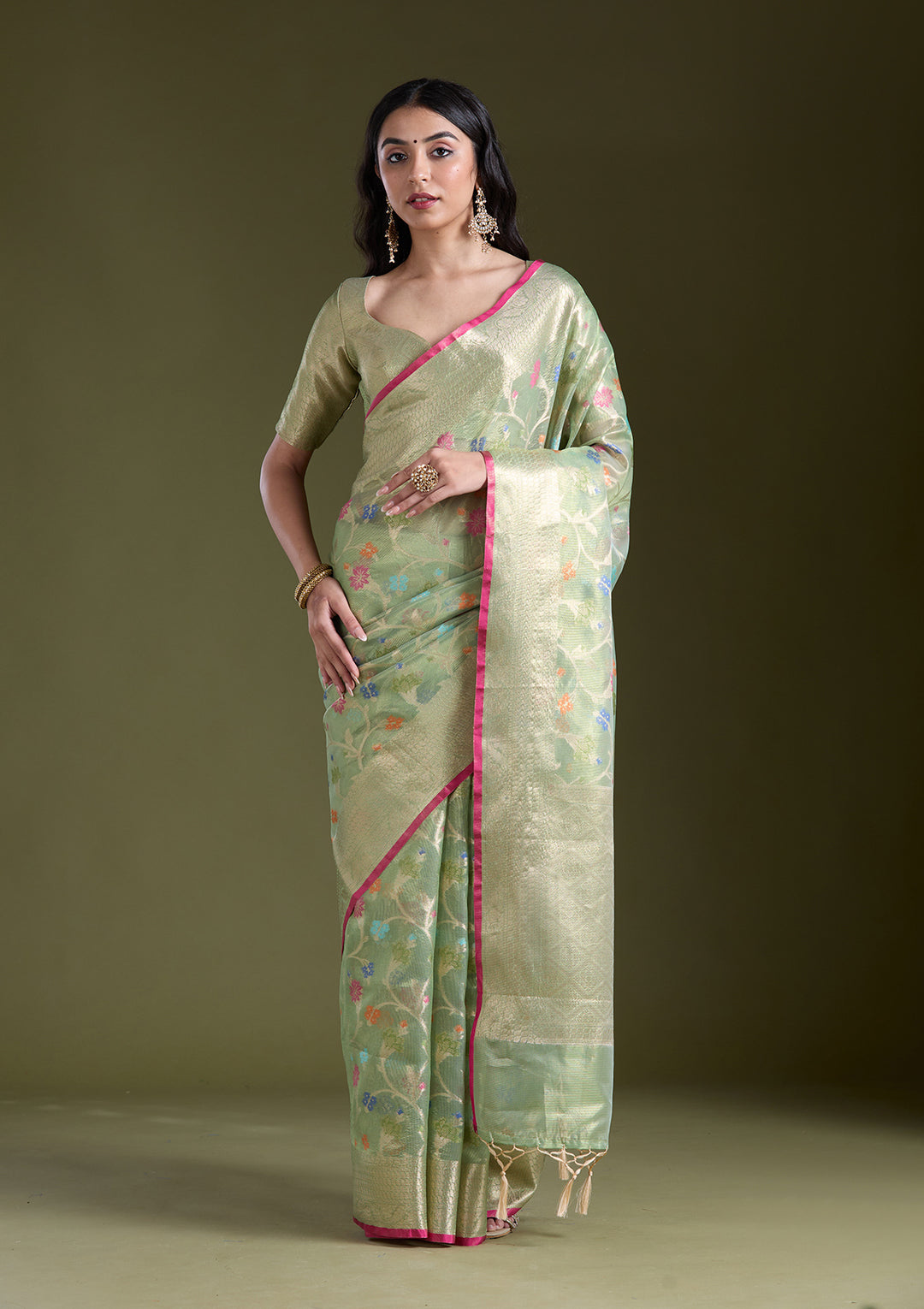 Pista Green Silk Jaal Gold Zariwork Saree With Matching Blouse Piece
