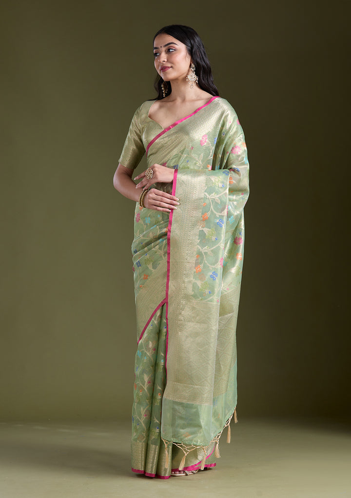 Pista Green Silk Jaal Gold Zariwork Saree With Matching Blouse Piece