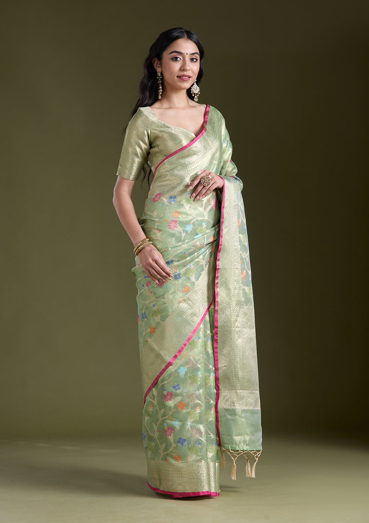 Pista Green Silk Jaal Gold Zariwork Saree With Matching Blouse Piece